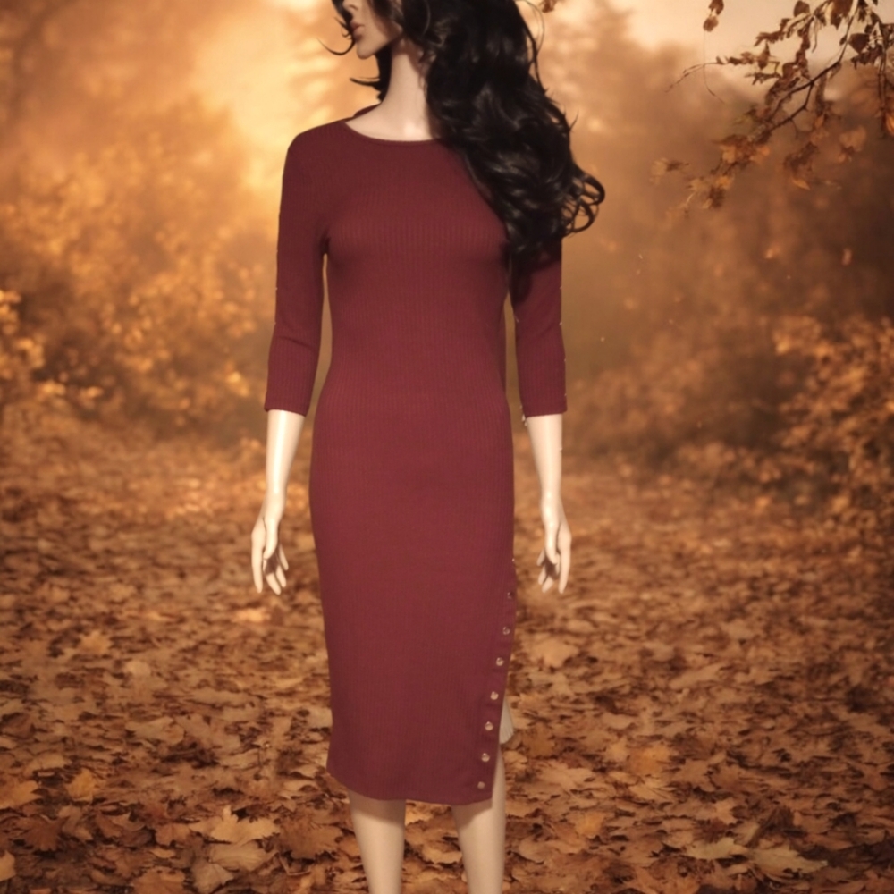 Haute Monde Long Sleeve Midi Wine Color Sweater Dress Faux Snaps Side Slit SZ M